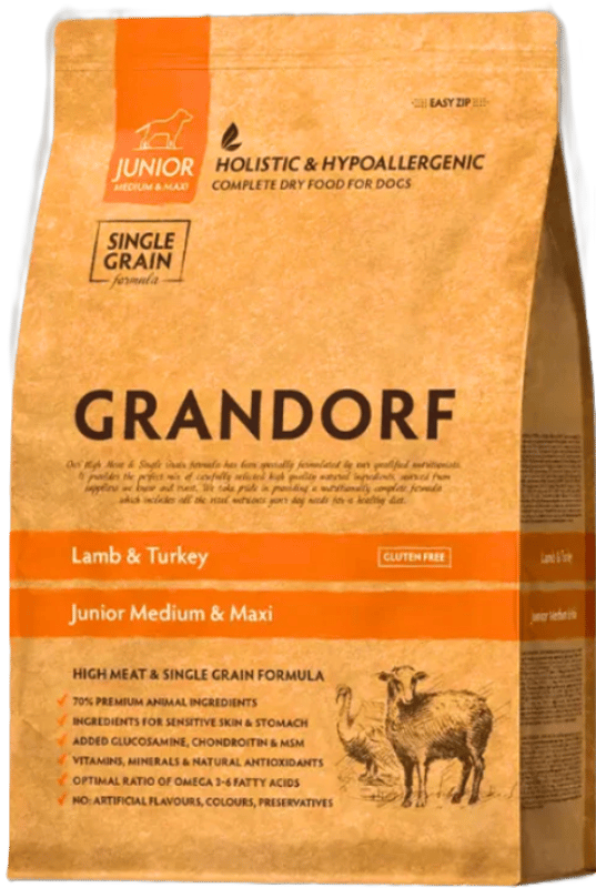 Grandorf Hrana uscata pentru caini juniori rase medii si mari, cu miel si curcan