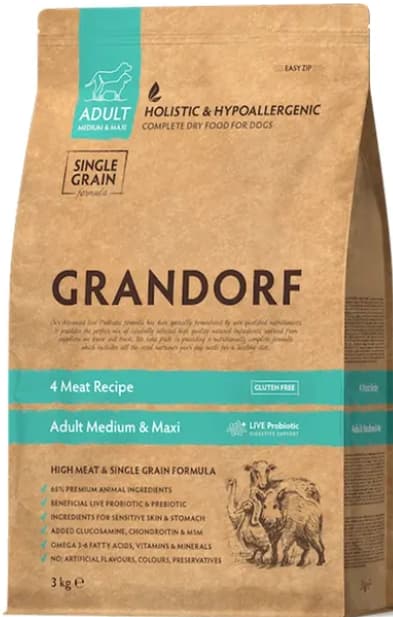 Grandorf Hrana uscata pentru caini rase medii si mari, cu 4 tipuri de carne