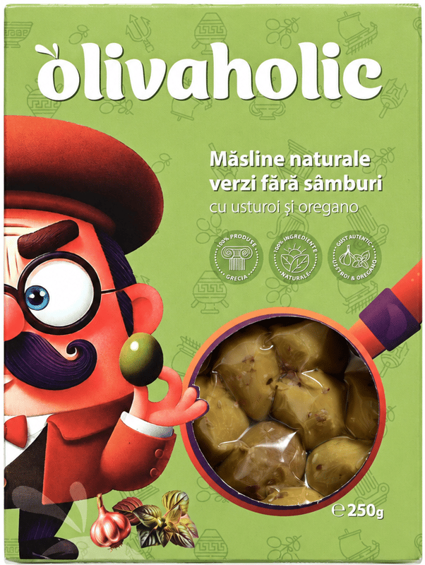 Olivaholic Masline verzi fara samburi cu usturoi și oregano