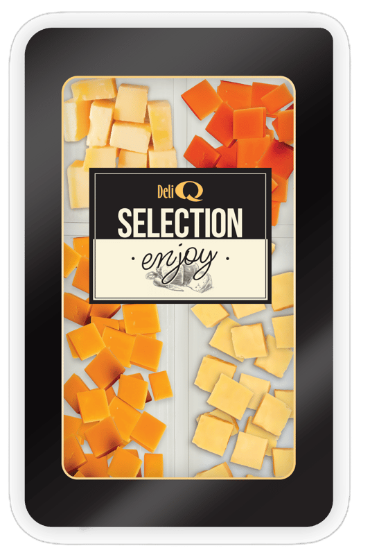 Deli Q Selection – Mix cuburi branza Cheddar maturata, rosii si chili, Mimolette si Gouda
