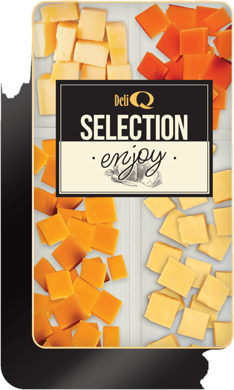 Deli Q Selection – Mix cuburi branza Cheddar maturata, rosii si chili, Mimolette si Gouda