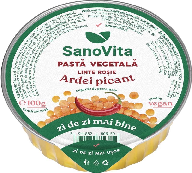 Sanovita Pasta vegetala tartinabila din linte rosie cu ardei picant
