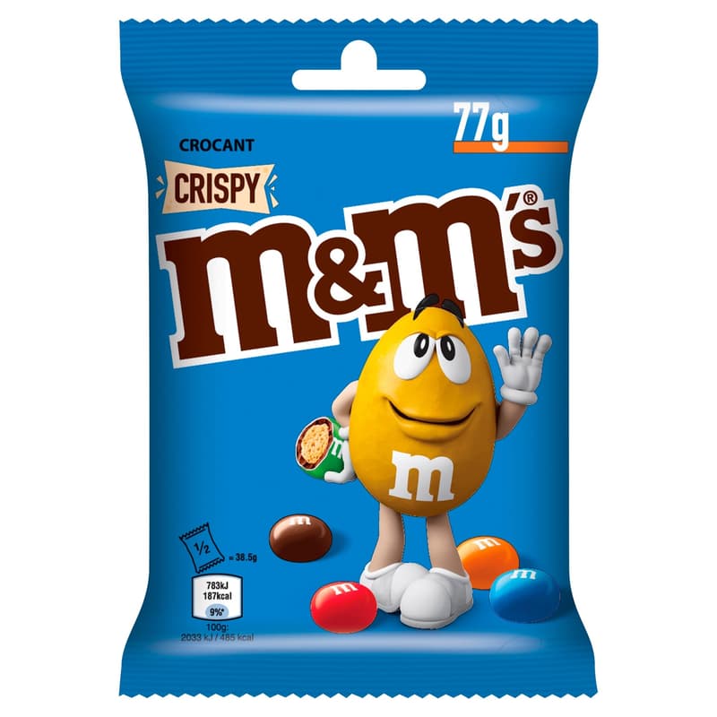 M&M's Crispy Miez din orez crocant in ciocolata cu lapte cu glazura colorata de zahar