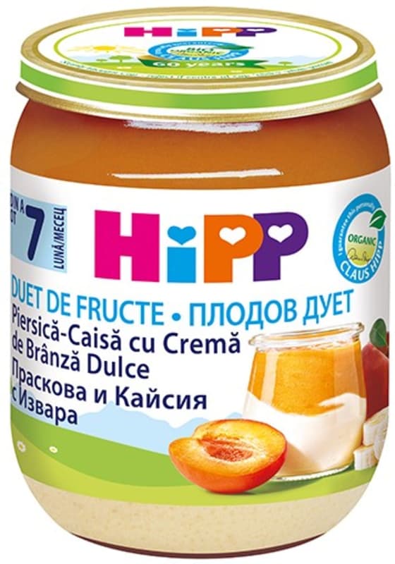Hipp ECO Fruit-Duet Piure cu piersica, caisa si crema de branza