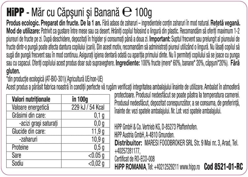 Hipp ECO Piure mar, capsuni, banana