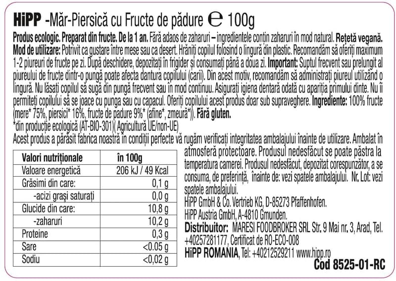 Hipp ECO Piure mar, piersica, fructe de padure