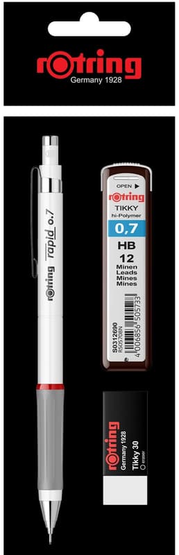 Rotring Tikky Set mechanical pencil Rapid XL 0.7 white, pencil lead 0.7mm HB and eraser