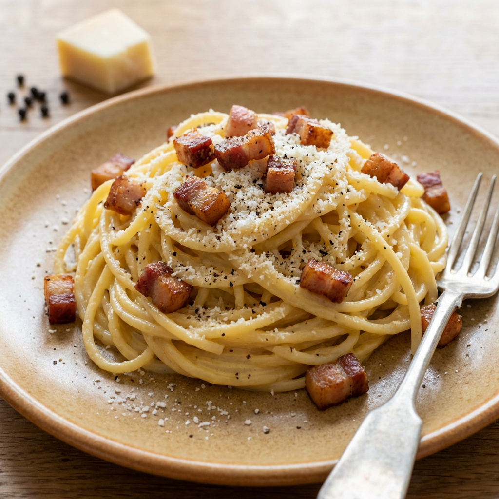 O farfurie apetisantă de Spaghete Carbonara cremoase