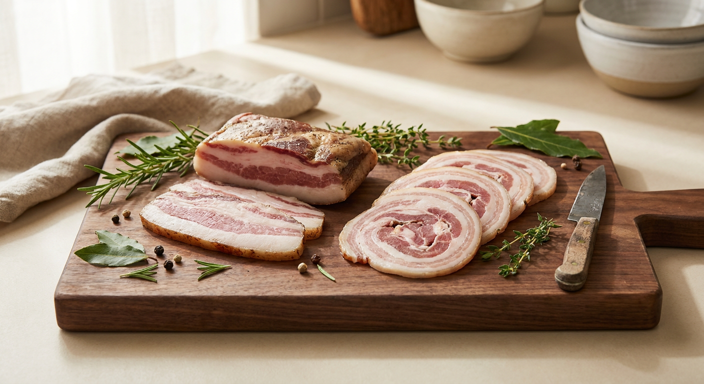 Guanciale și Pancetta pe un tocător de lemn rustic