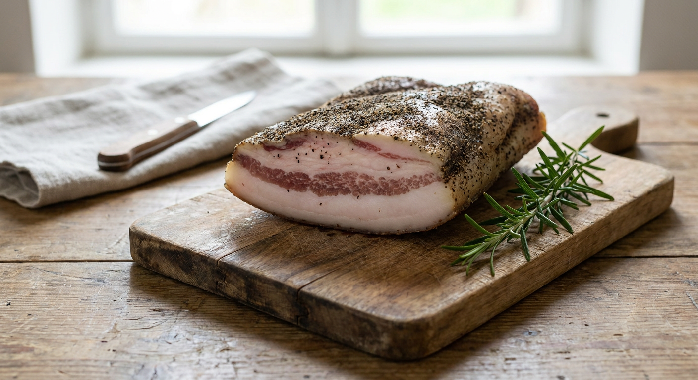 Guanciale feliat de aproape