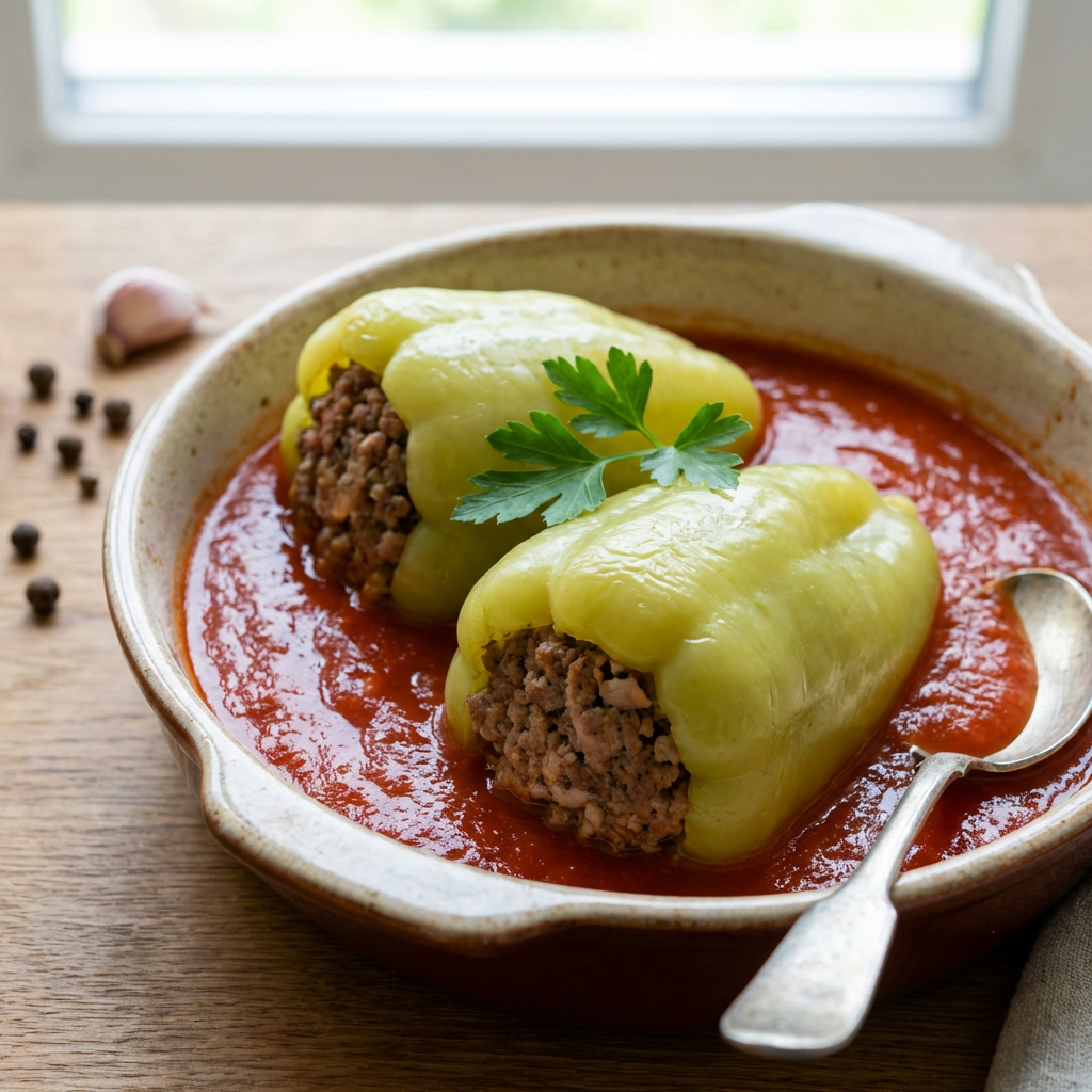 Ardei umpluți tradiționali cu carne în sos de roșii