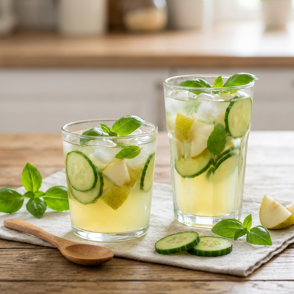 Limonadă cu ghimbir, castravete și busuioc proaspăt