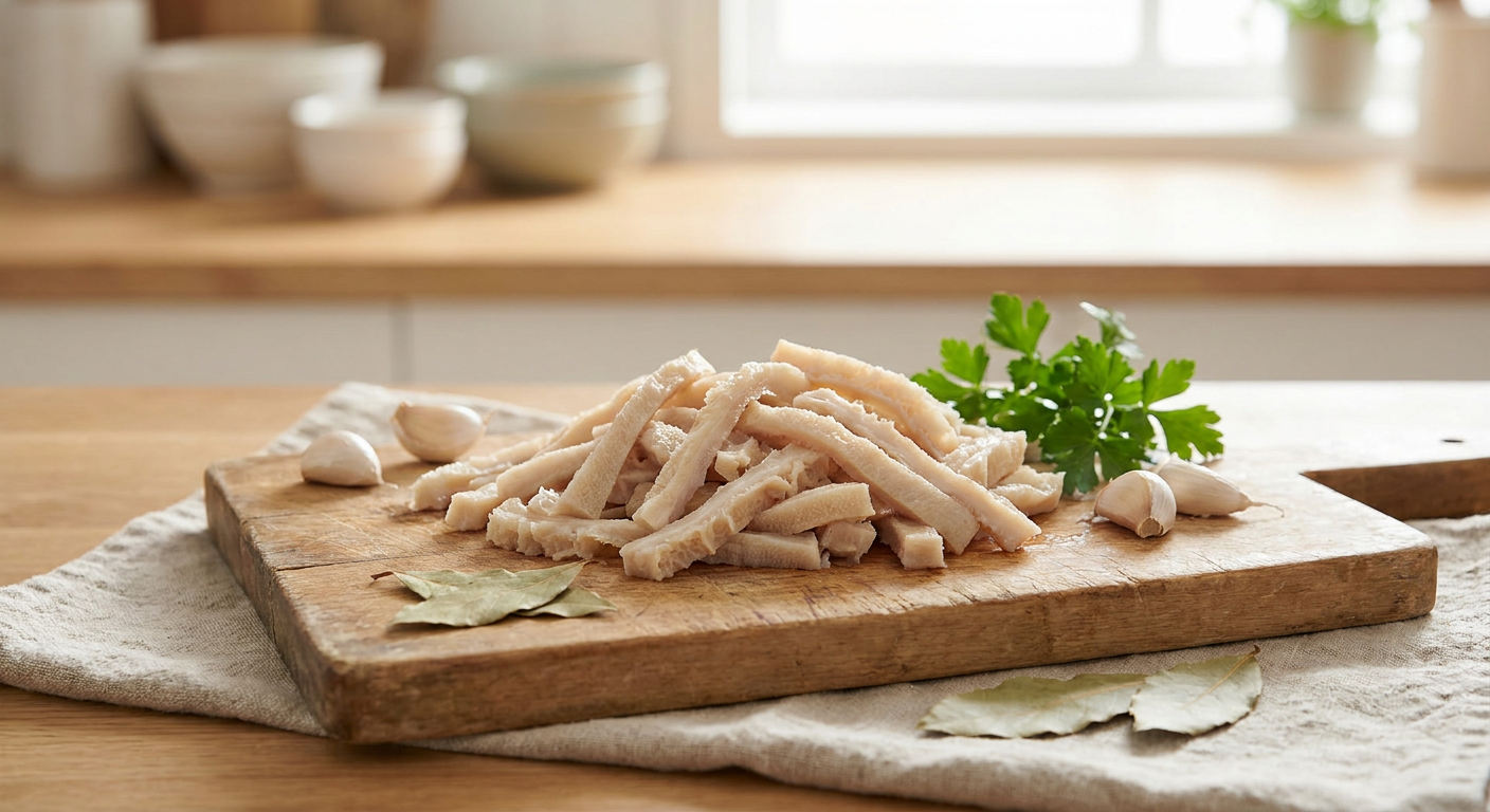 Thin strips of beef tripe, prepared for soup