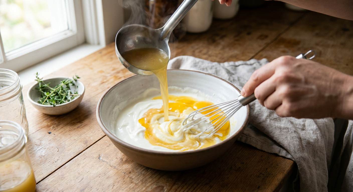 Egg yolk and sour cream mixture tempered with a ladle of warm soup