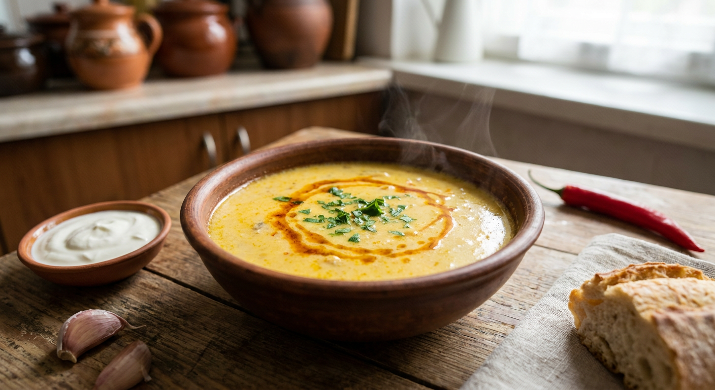 Bowl of creamy beef tripe soup, garnished with sour cream and hot pepper