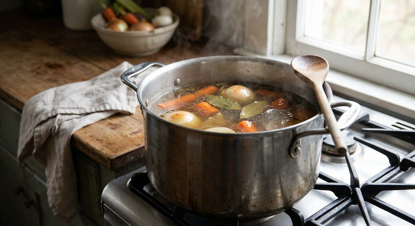 Pot of beef bone stock simmering gently, with carrots and bay leaves