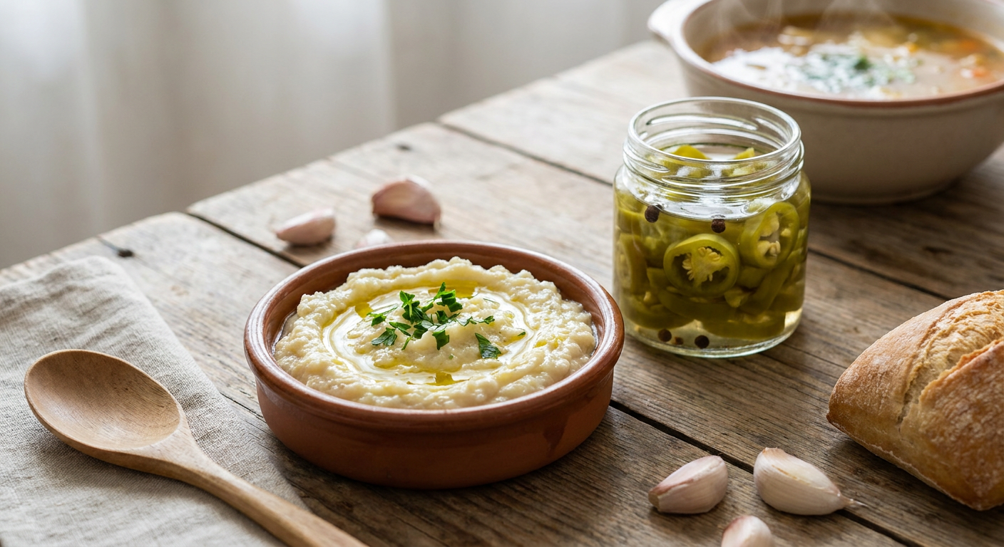 Fresh garlic sauce (mujdei) and pickled hot peppers, served alongside tripe soup