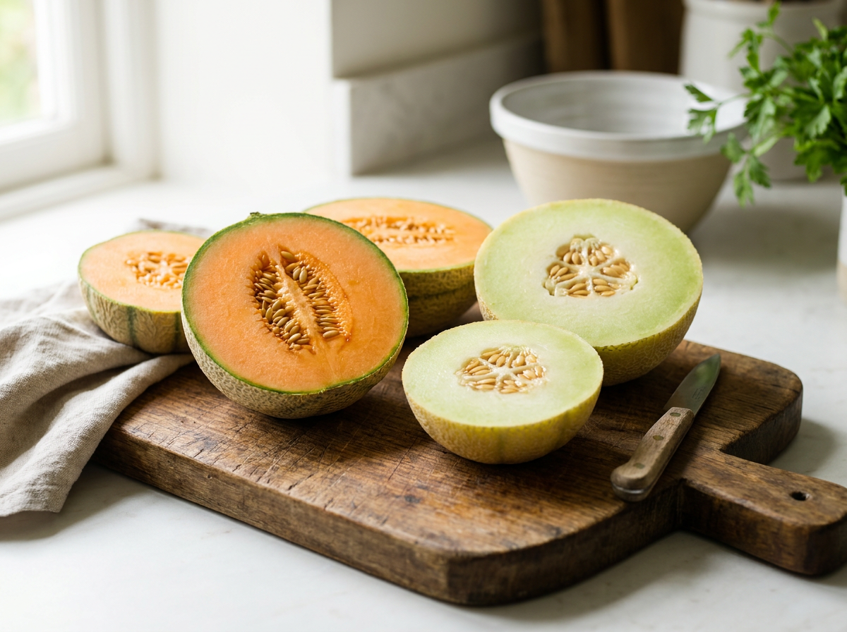 Cut melon varieties, cantaloupe and galia, on a wooden board