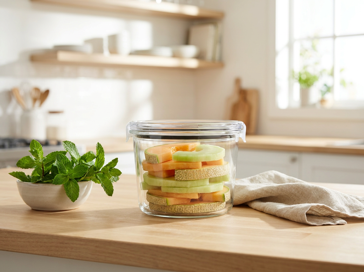 Cut melon stored in an airtight glass container
