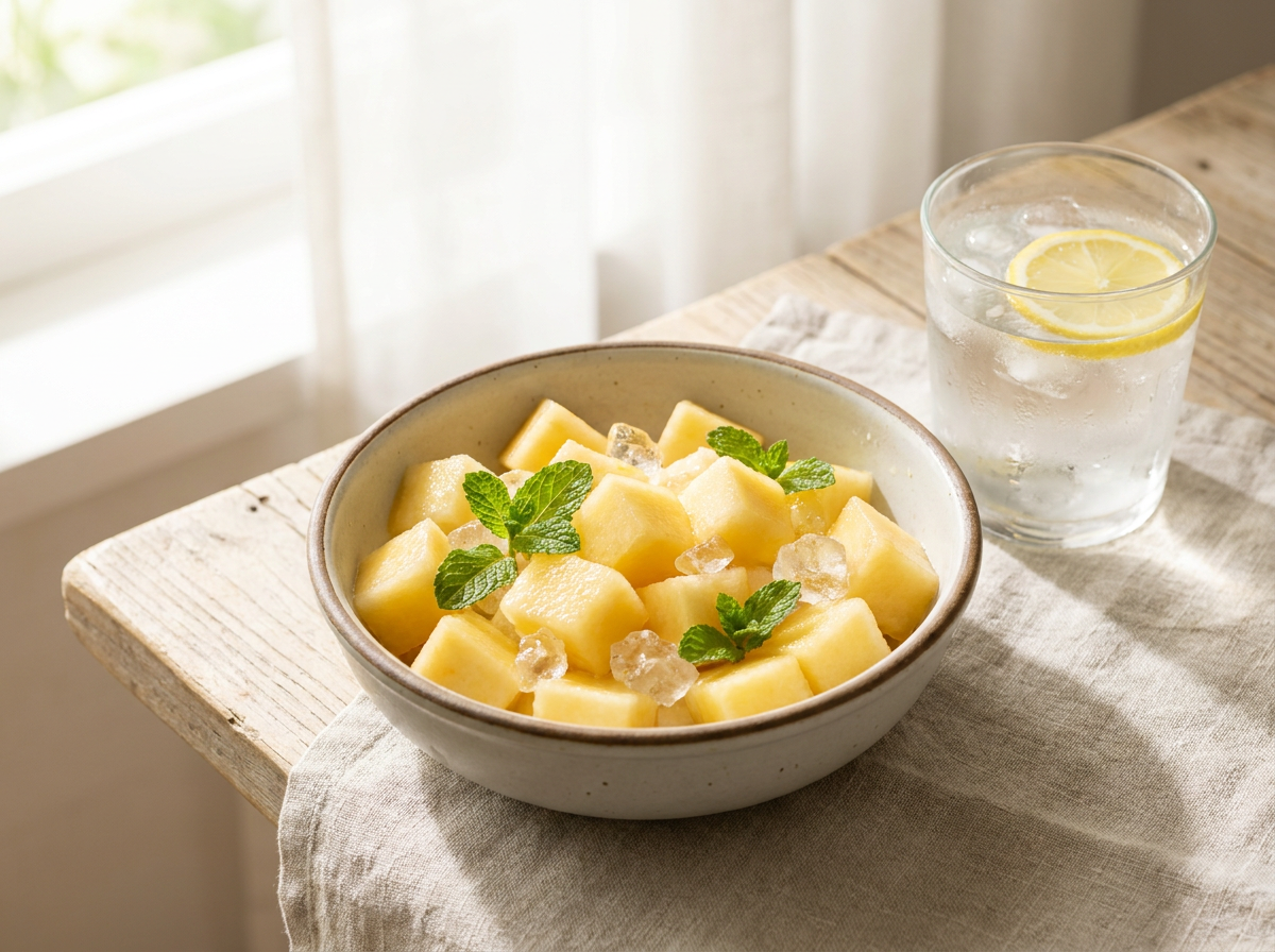 Melon cubes with mint and ice, in a hydration bowl