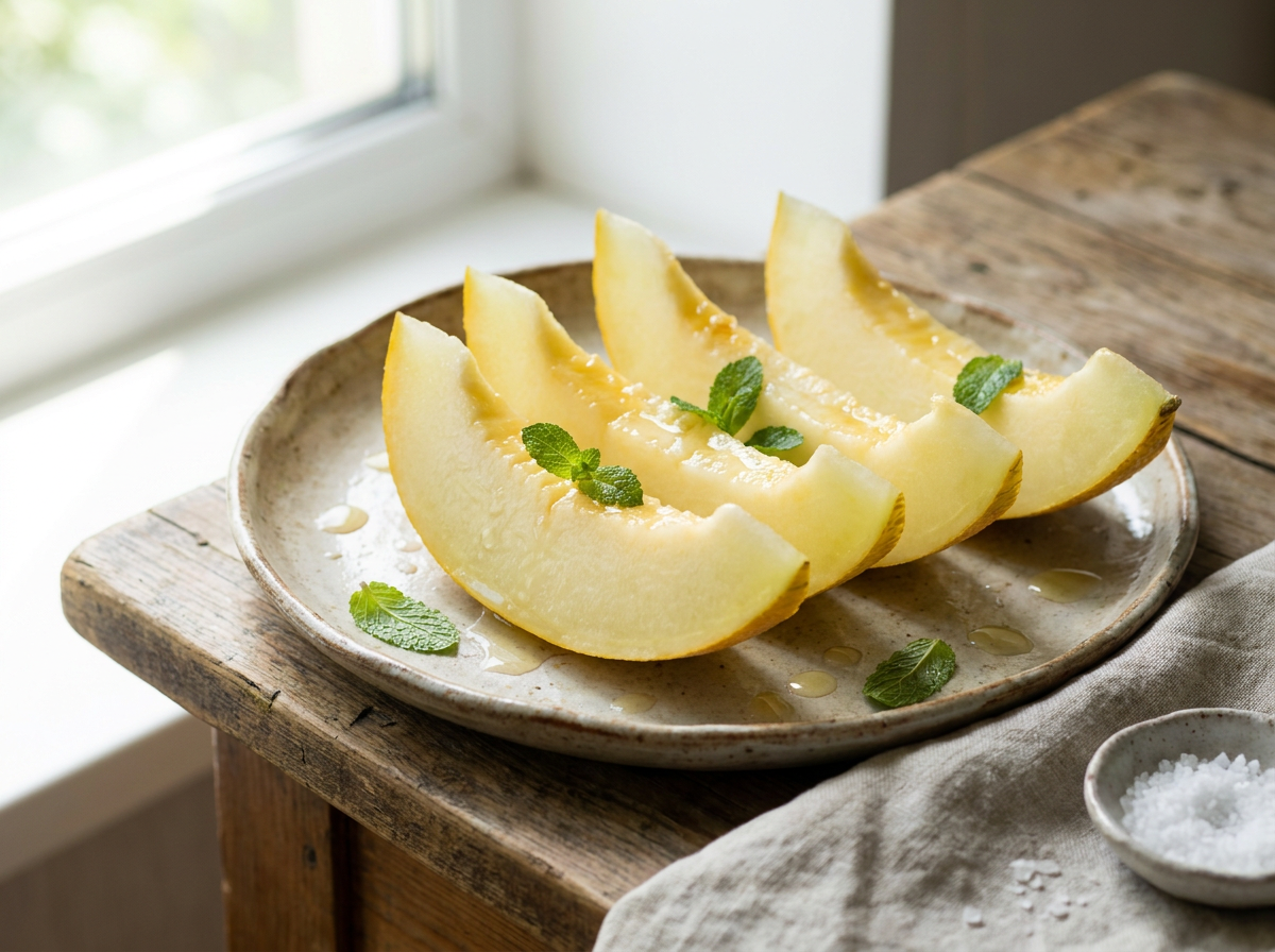 Slices of ripe, sweet melon arranged on a platter