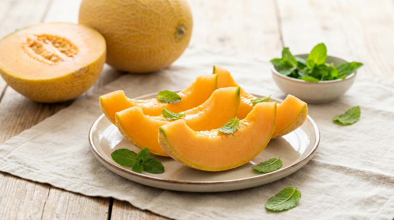 Ripe yellow melon, sliced, on a wooden table in natural light