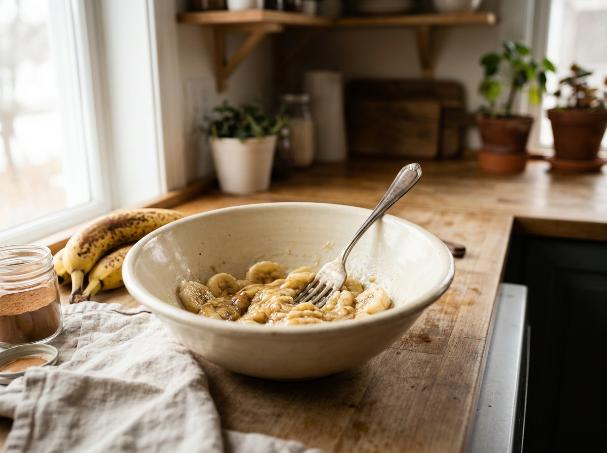 Very ripe bananas mashed with a fork in a bowl