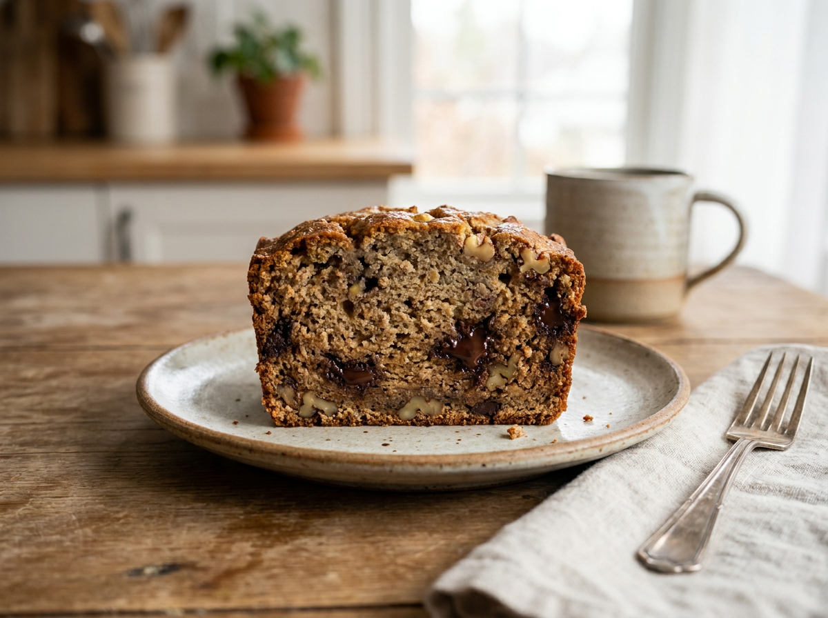 Appetizing slice of banana bread with melted dark chocolate