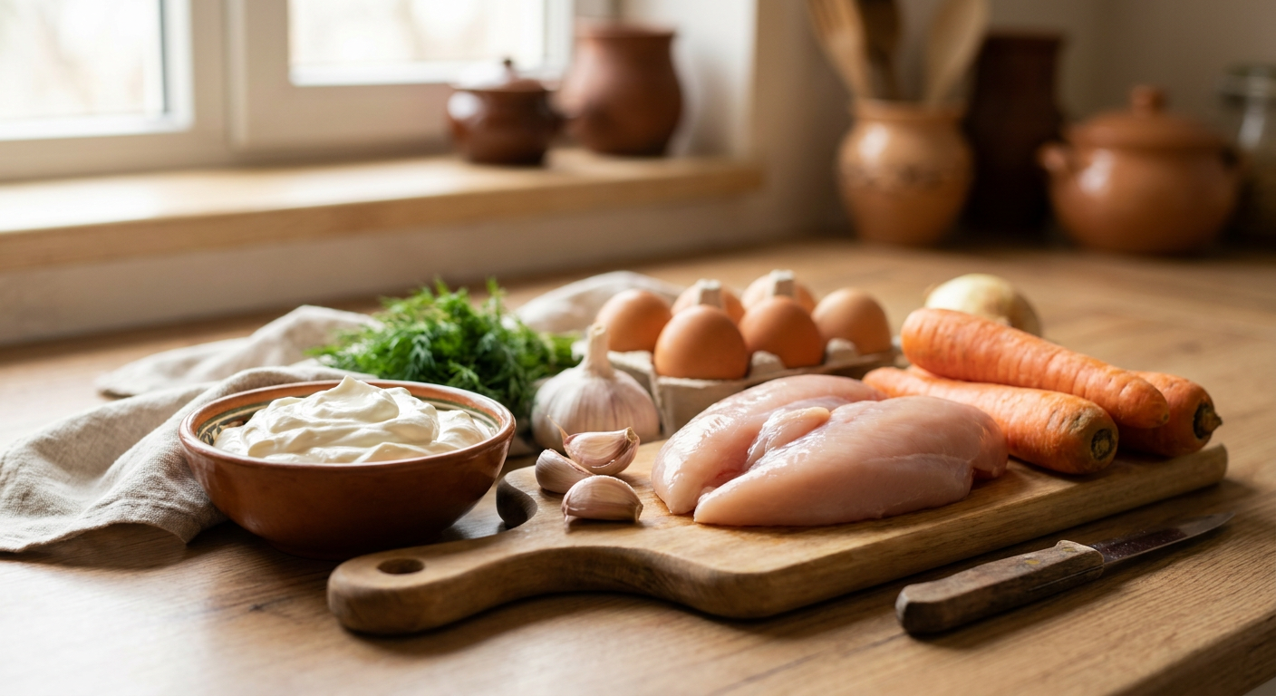 Ingredients for Rădăuțeana soup: chicken breast, garlic, heavy sour cream, eggs, and carrots on a kitchen countertop