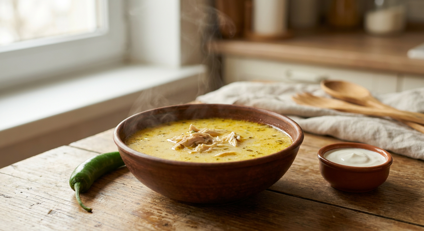 Bowl of creamy Rădăuți soup with hot pepper and sour cream on the side