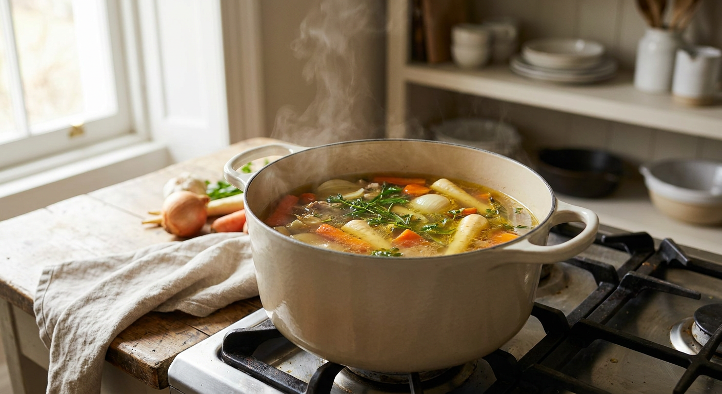 Pot of chicken soup boiling, with carrots and parsnips, steam rising from the pot