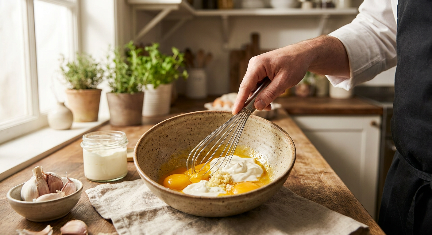 Hand mixing egg yolks with thick sour cream and minced garlic in a ceramic bowl