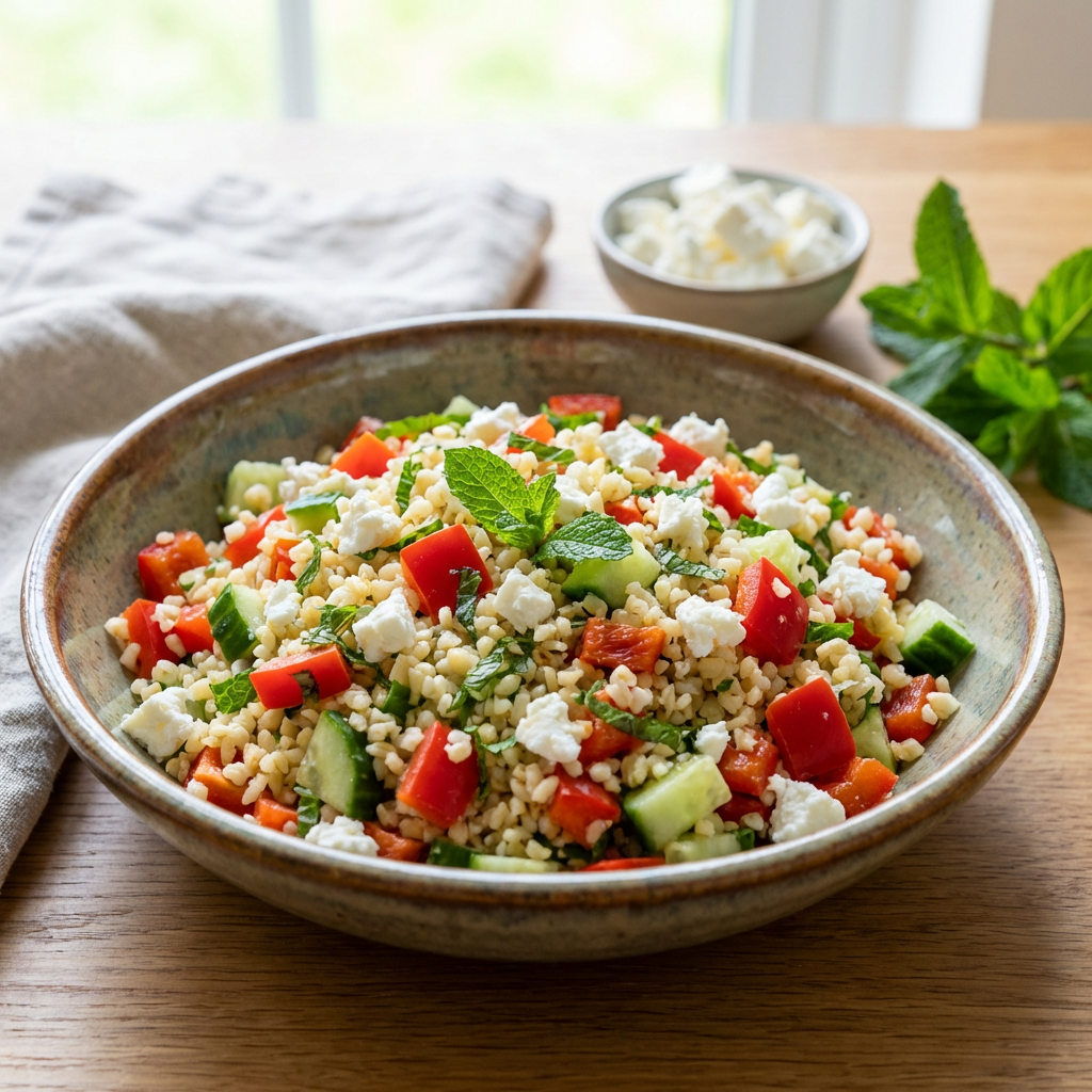 Salată proaspătă de bulgur cu brânză feta și mentă