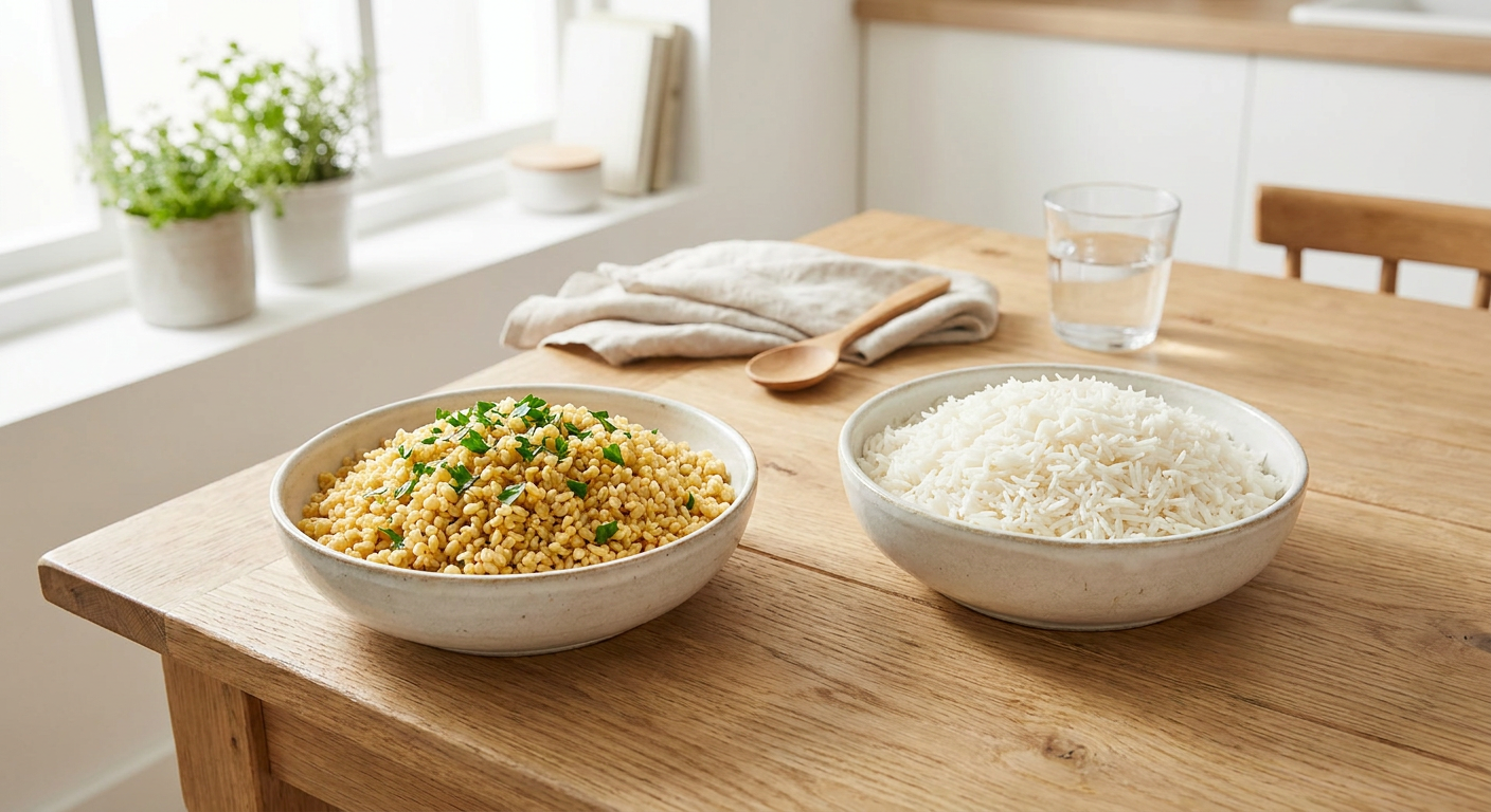 Bol de bulgur gătit și bol de orez alb basmati