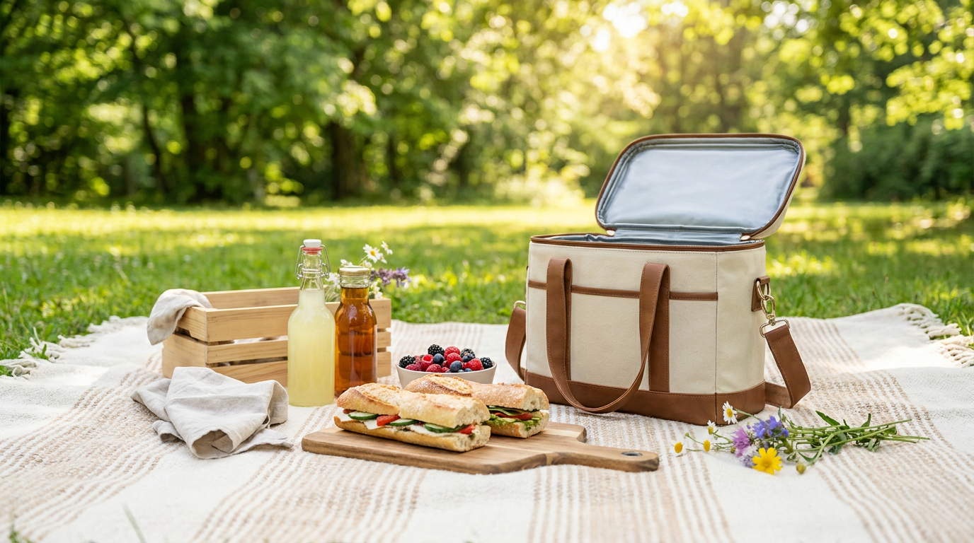 Cooler bag and picnic snacks on a blanket in a green park