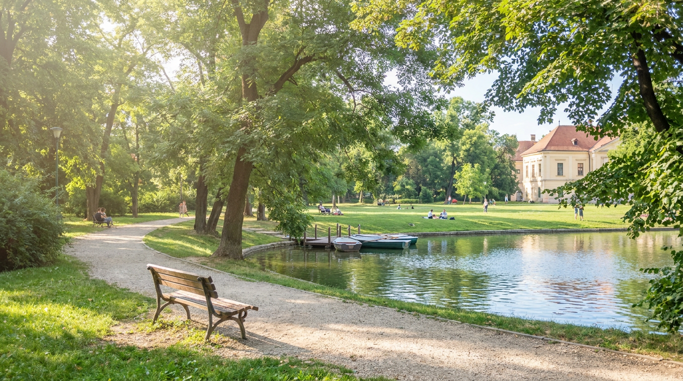 Green lawn near the lake in Herăstrău Park, Bucharest