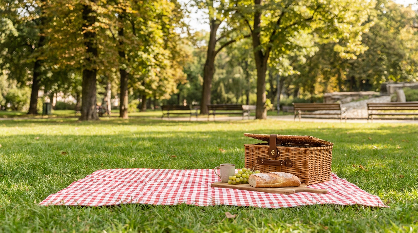 Picnic blanket spread on the grass in a neighborhood park