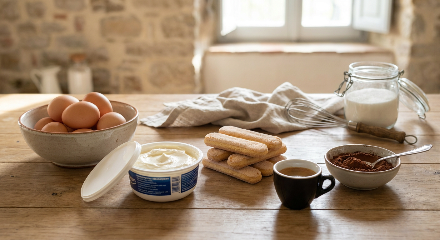 Ingrediente proaspete pentru tiramisu: mascarpone, pișcoturi, ouă și cafea
