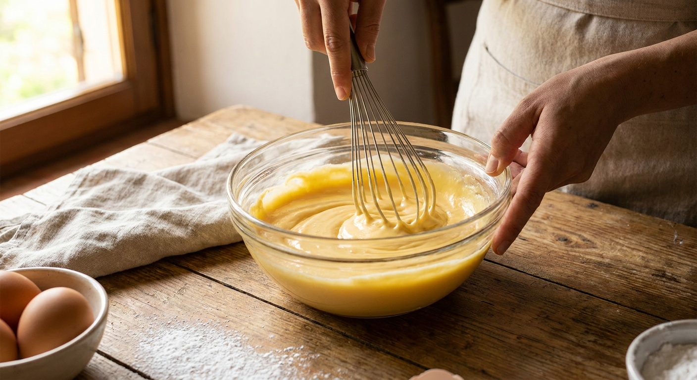 Bătutul cremei de mascarpone în bol de sticlă