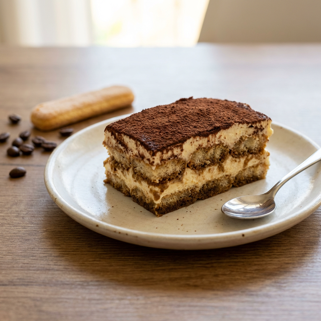 O felie de Tiramisu clasic italian presărată cu pudră de cacao