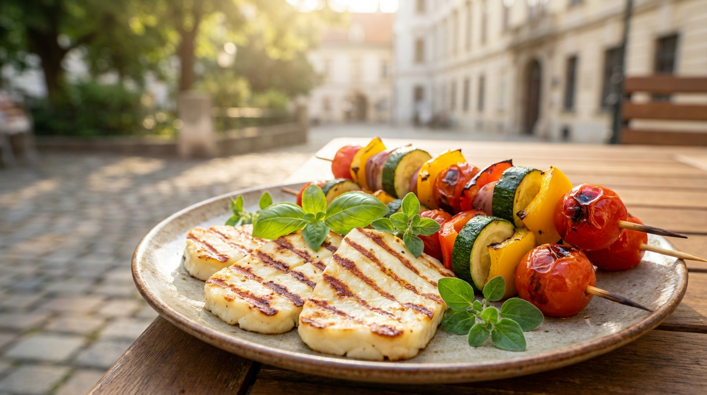 Grilled Halloumi cheese and vegetable skewers
