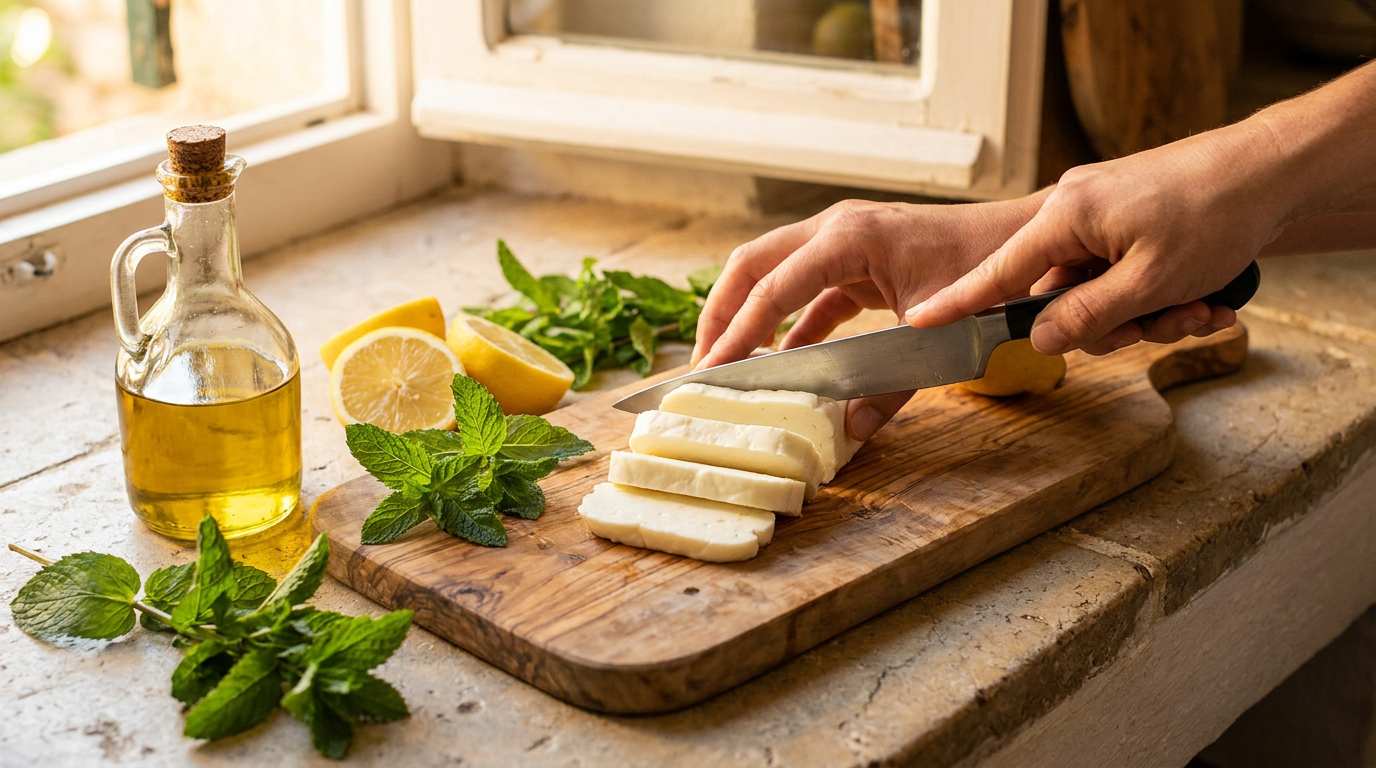 Slicing Halloumi cheese on a wooden cutting board