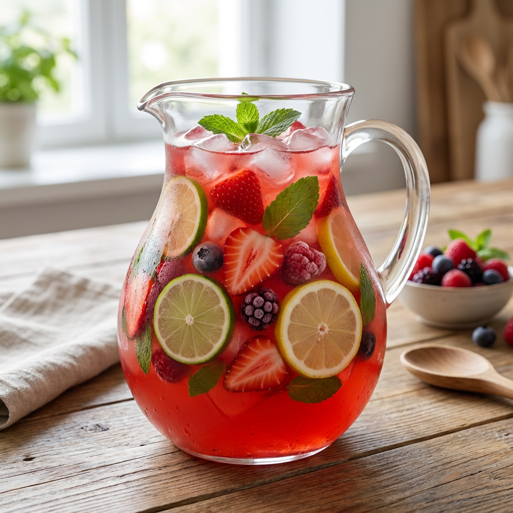 Limonadă roz cu căpșuni, zmeură și frunze de mentă