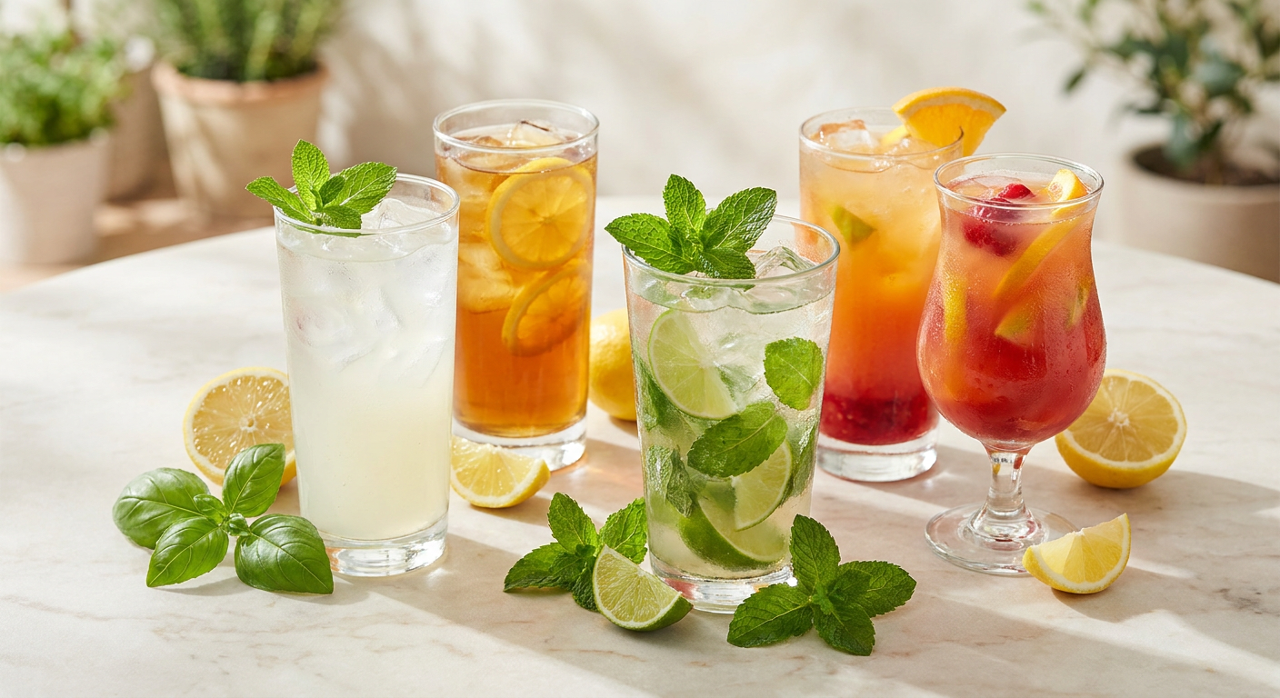Selecție de limonade de vară și băuturi răcoritoare cu gheață și mentă