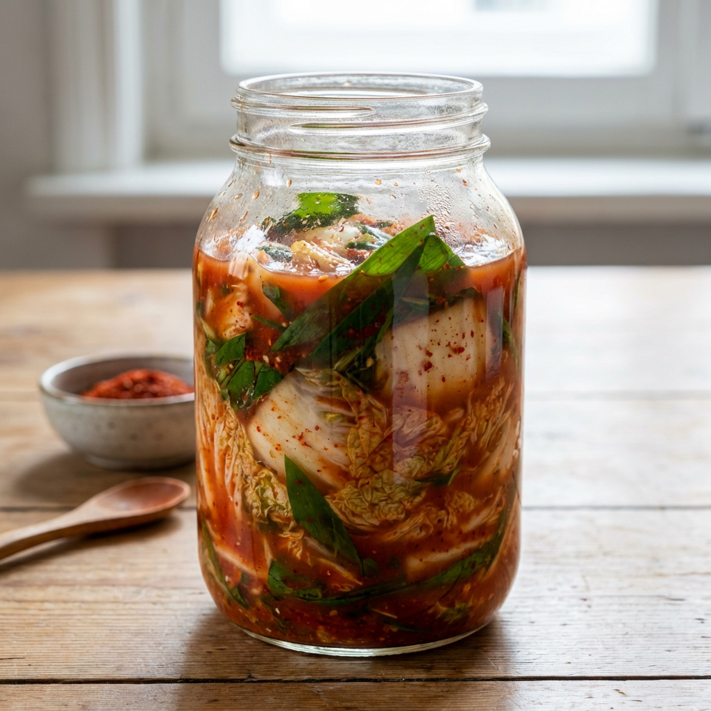 Kimchi coreean fermentat în borcan de sticlă