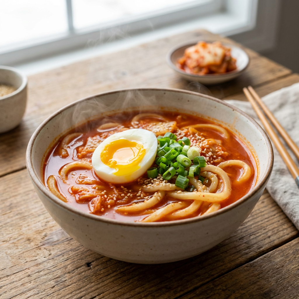 Supă kimchi cu tăiței udon și ou