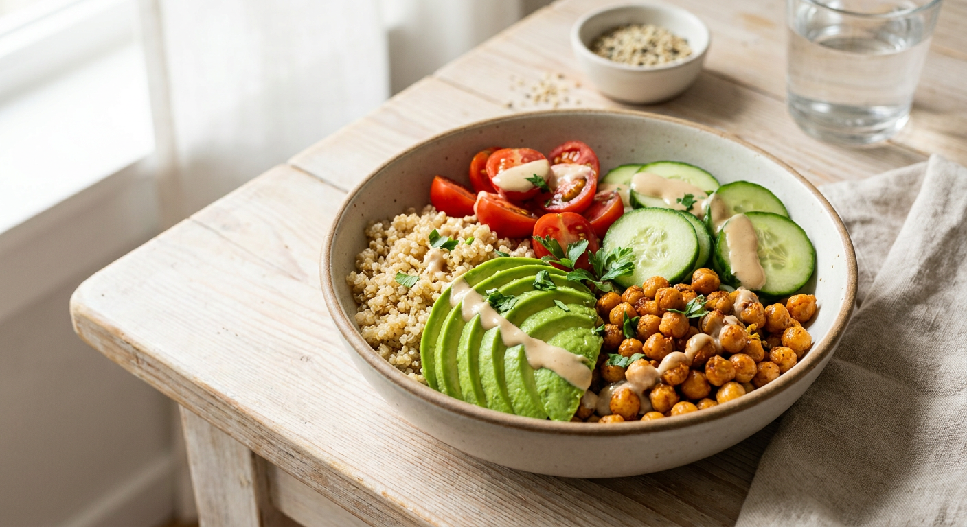 Bol nutritiv cu quinoa, avocado și legume proaspete