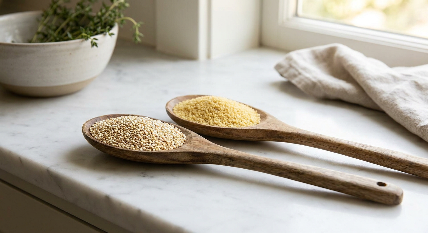 Boabe de quinoa neprelucrate și griș de cușcuș