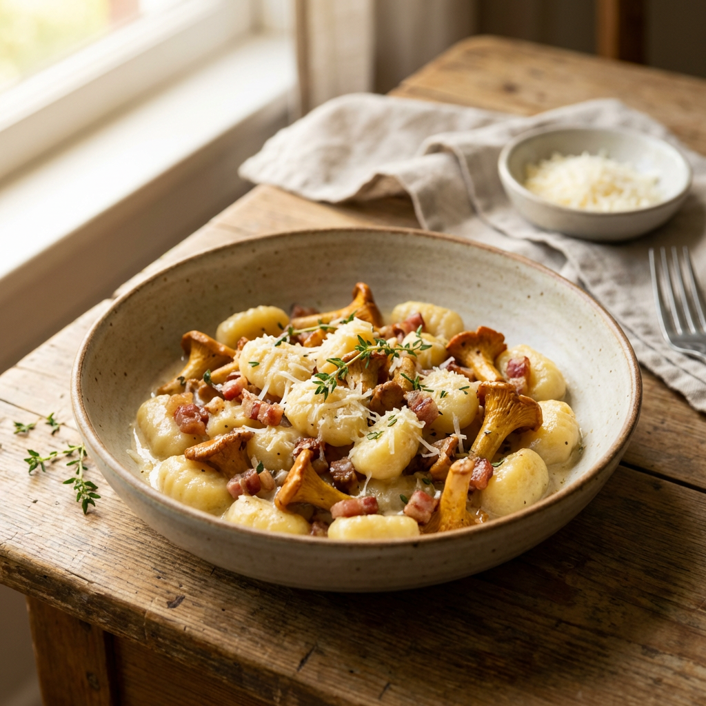 Gnocchi de casă cu gălbiori și brânză pecorino