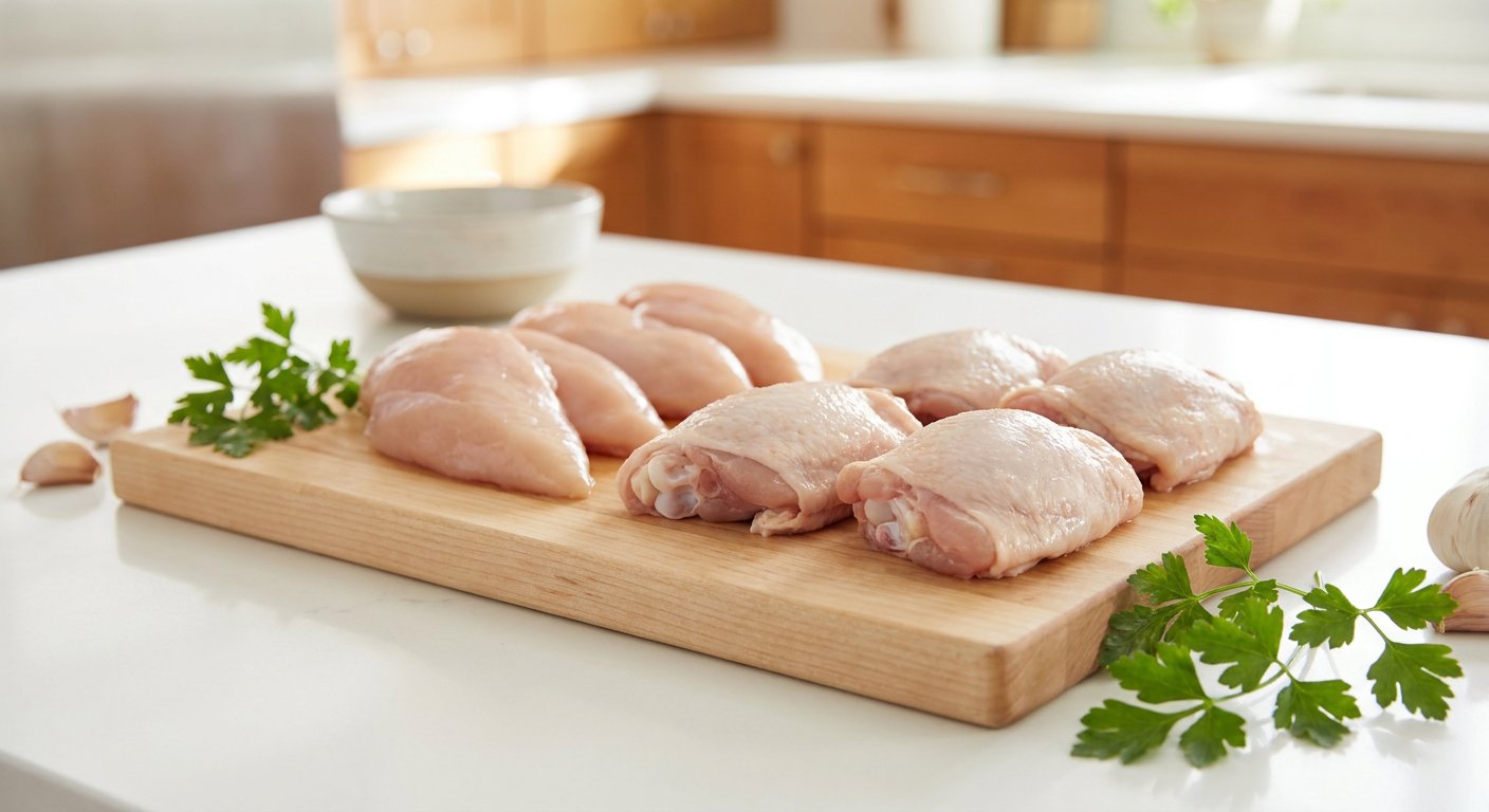 Carne proaspătă de pui pregătită pentru tocare pe fund de lemn